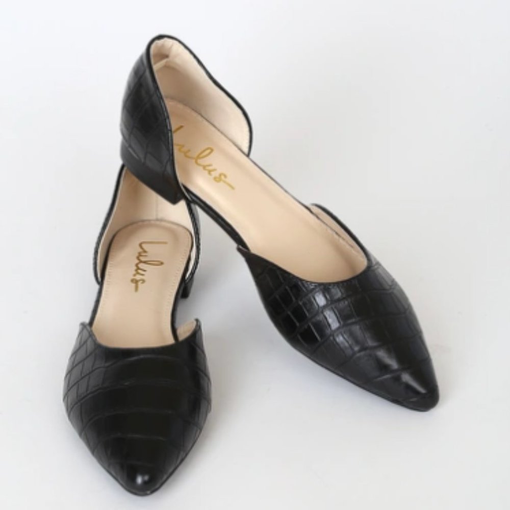 Lulus Cecee Black Croc Pointed-Toe D'Orsay Flats